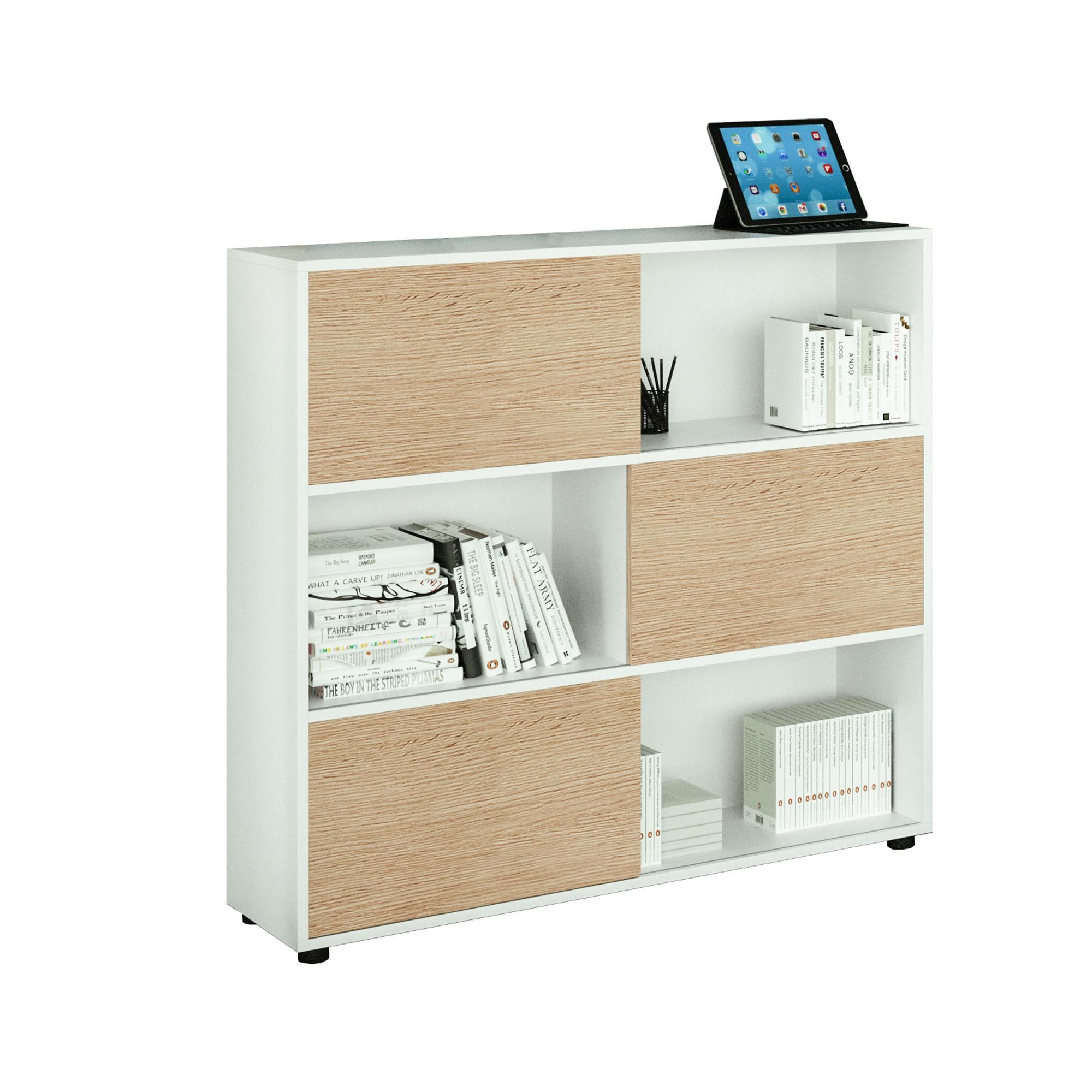 Libreria bassa Tetris a 3 ripiani ante scorrevoli - 120x35x116 cm - bianco/rovere