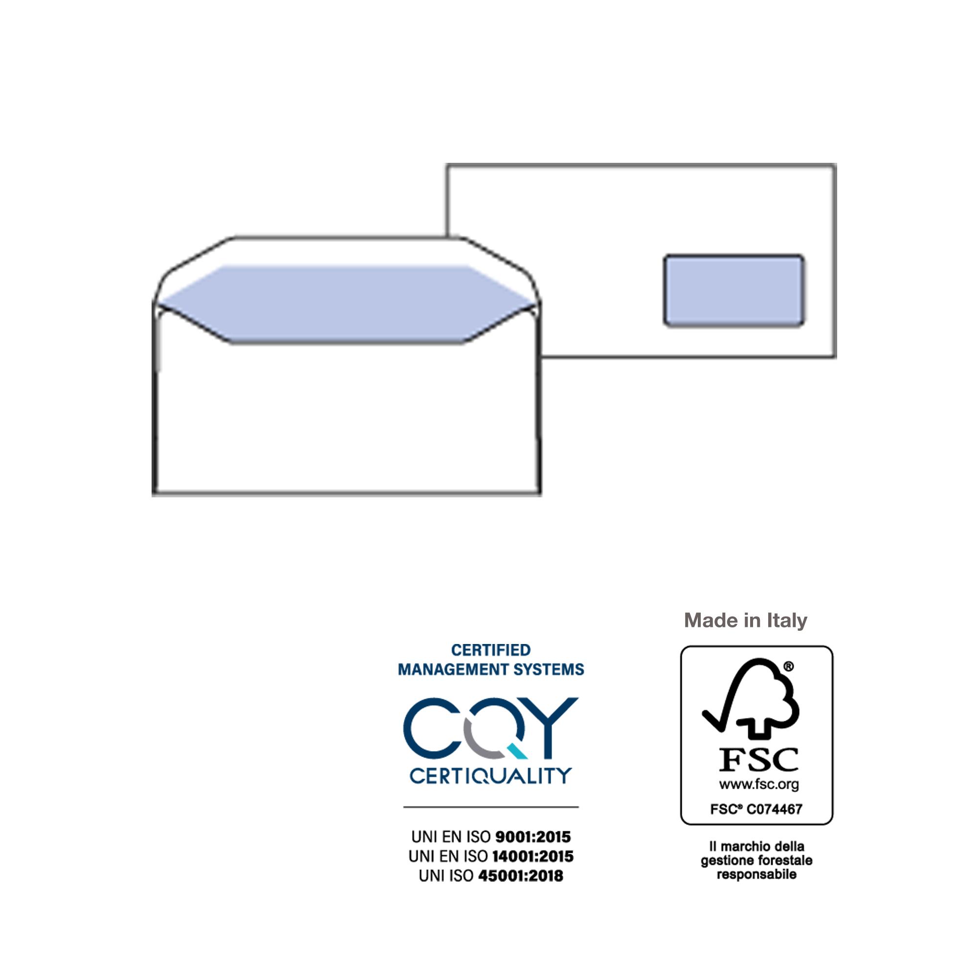 Busta Silver Matic Lux FSC - con finestra - gommata - 11 x 23 cm - 80 gr - bianco - Pigna Envelopes - conf. 500 pezzi