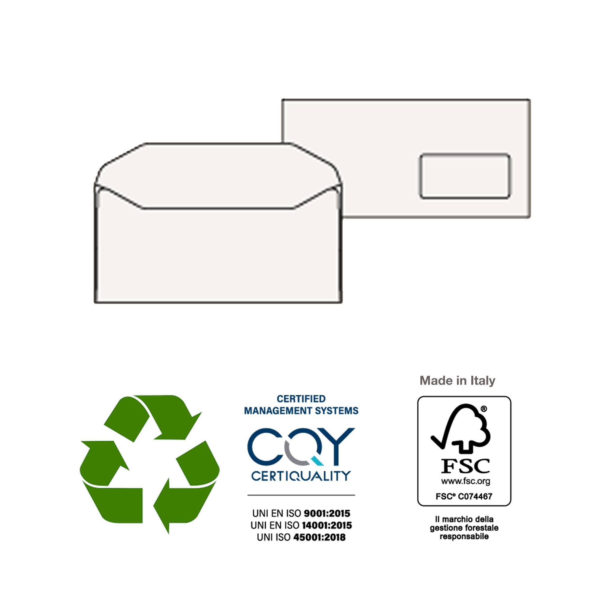 Busta Kami Gommata - con finestra - 11 x 23 cm - 100 gr - carta riciclata FSC - bianco - Pigna Envelopes - conf. 500 pezzi