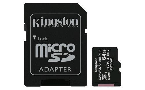 Kingston Canvas Select Plus - Scheda di memoria flash (adattatore da microSDXC a SD in dotazione) - 64 GB - A1 / Video Class V10 / UHS Class 1 / Class10 - UHS-I microSDXC