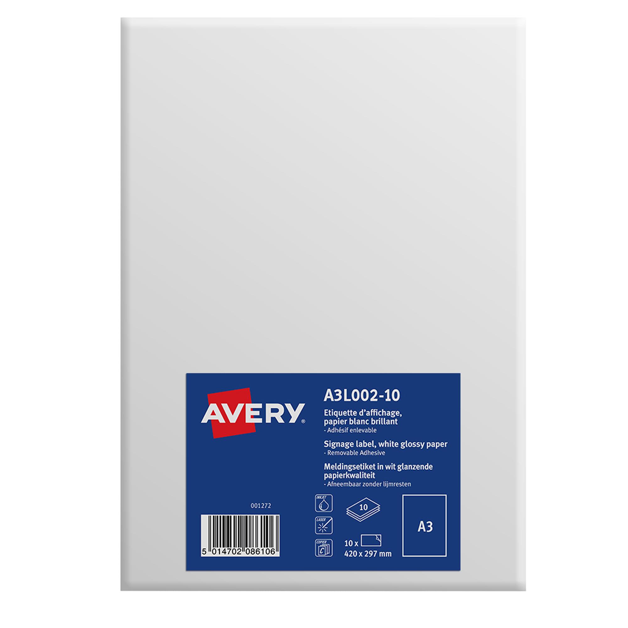 Avery - Opaca - adesivo rimovibile - trasparente - A3 (297 x 420 mm) 10 etichette (10 foglio(i) x 1) etichette per segnaletica