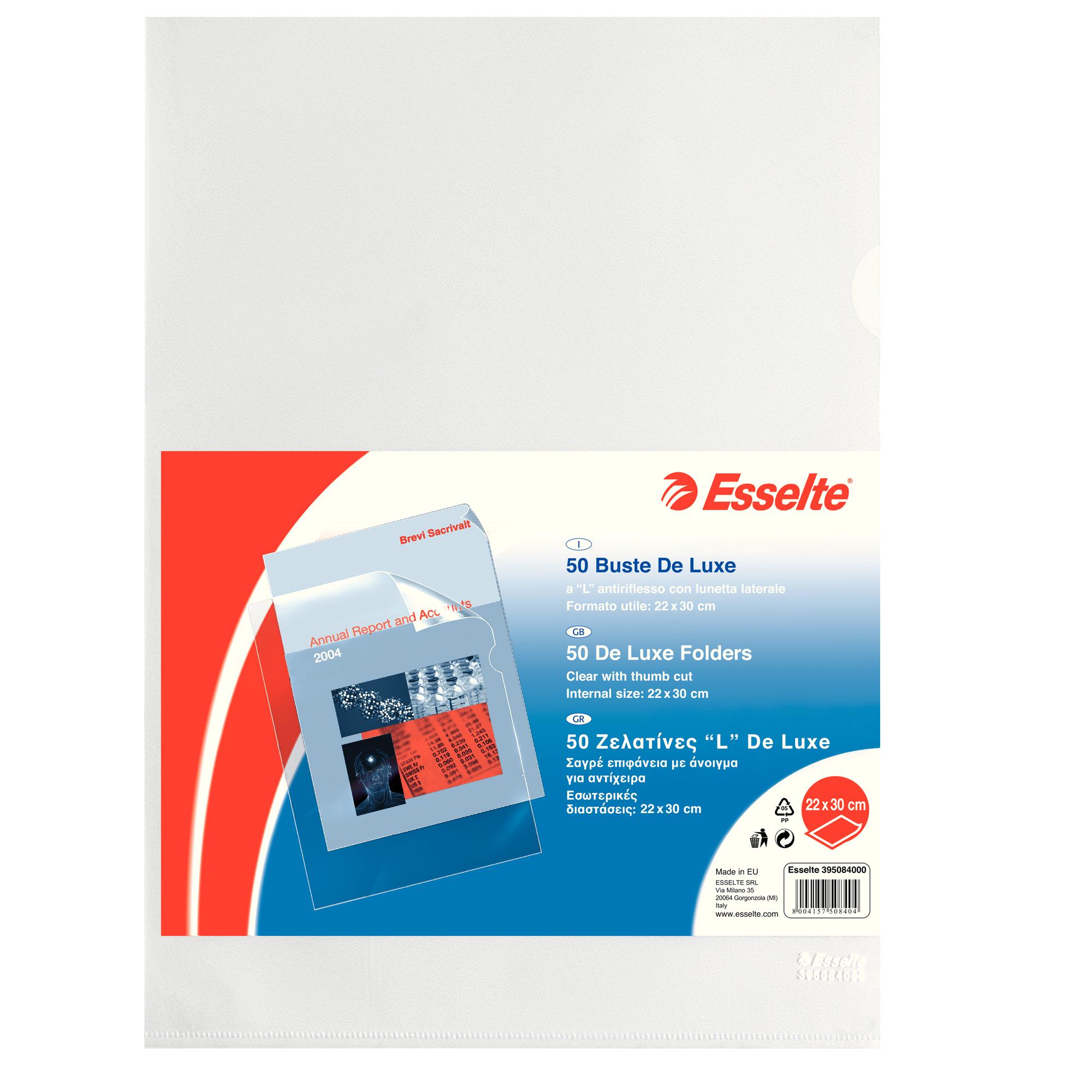 Cartelline a L - De Luxe - PPL - buccia - 22 x 30 cm - trasparente - Esselte - conf. 50 pezzi