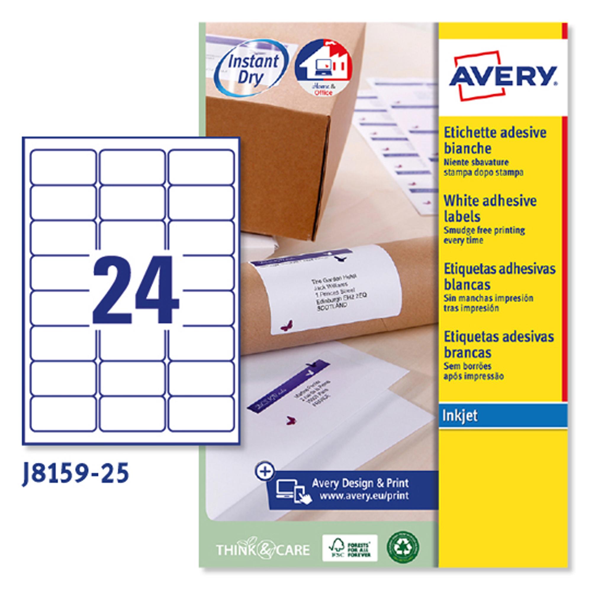 Etichette adesive J8159 - in carta - angoli arrotondati - inkjet - permanenti - 63,5 x 33,9 mm - 24 et/fg - 25 fogli - bianco - Avery