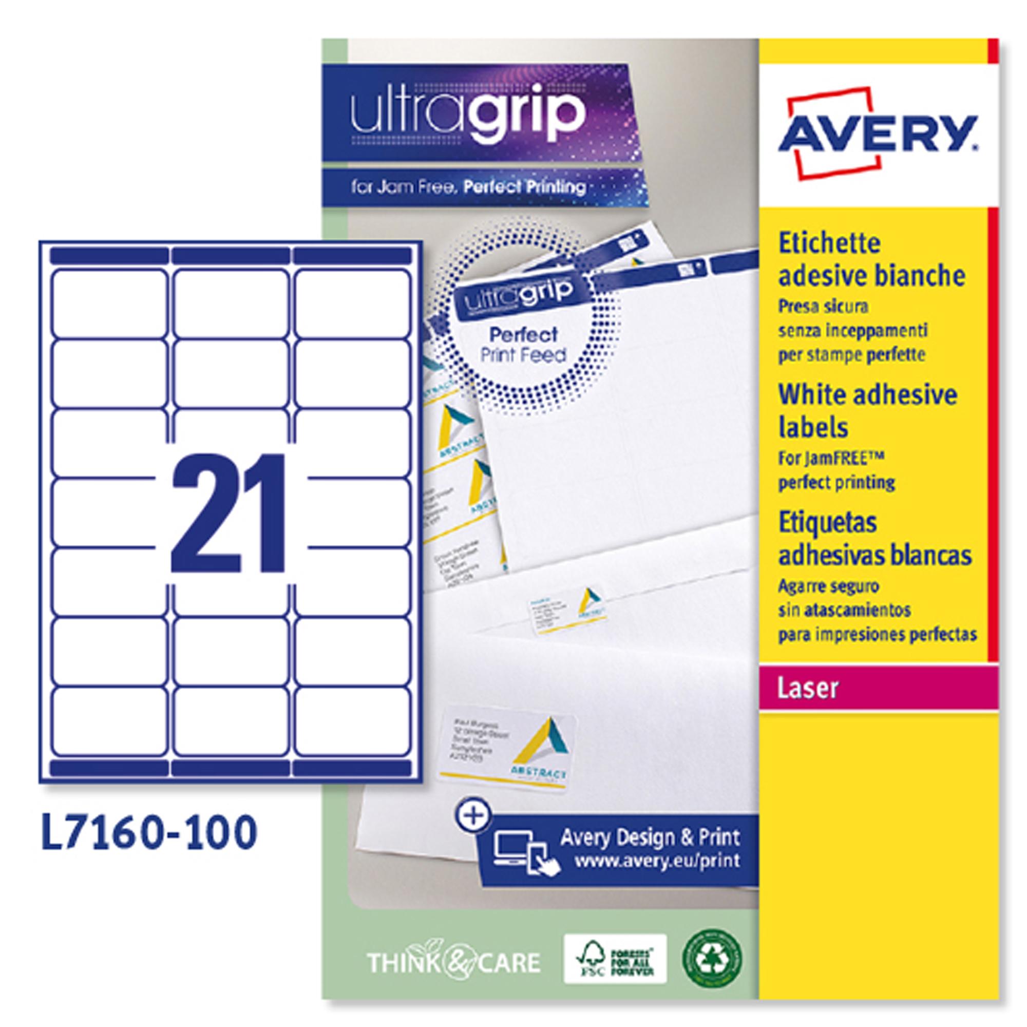 Etichette adesive L7160 - in carta - angoli arrotondati - laser - permanenti - 63,5 x 38,1 mm - 21 et/fg - 100 fogli -  bianco - Avery