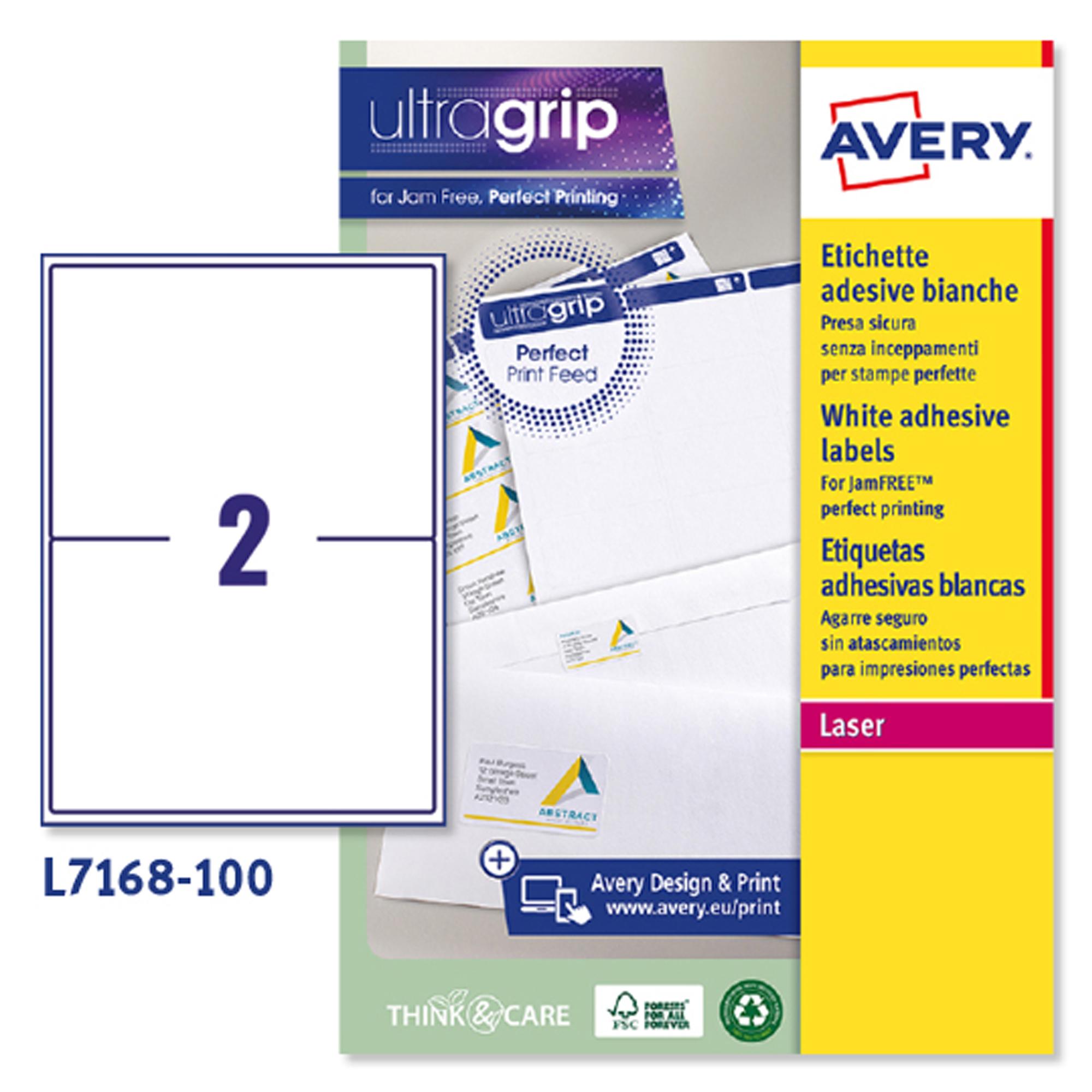 Etichette adesive L7168 - in carta - angoli arrotondati - laser - permanenti - 199,6 x 143,5 mm - 2 et/fg - 100 fogli - bianco - Avery