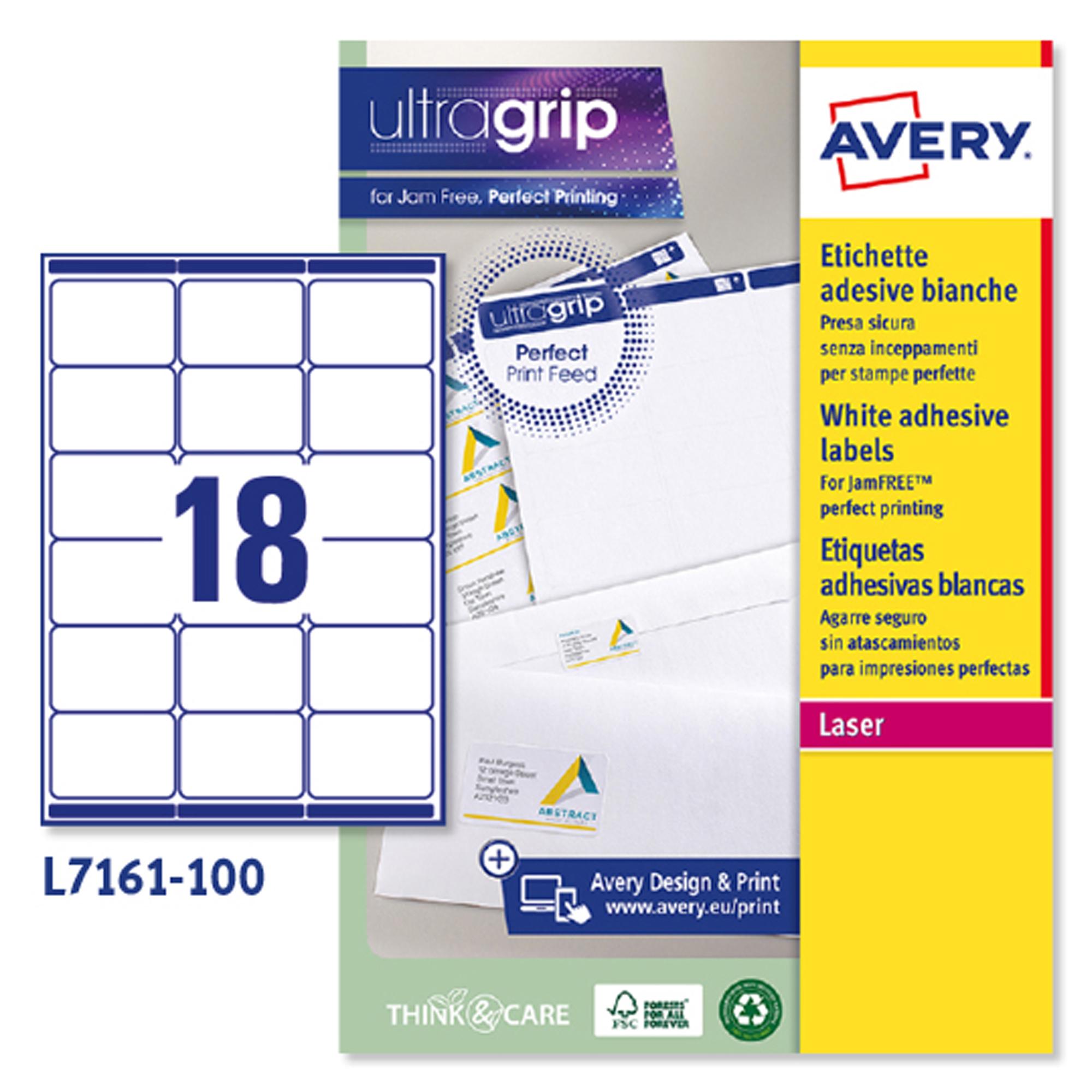 Etichette adesive L7161 - in carta - angoli arrotondati - laser - permanenti - 63,5 x 46,6 mm - 18 et/fg - 100 fogli - bianco - Avery