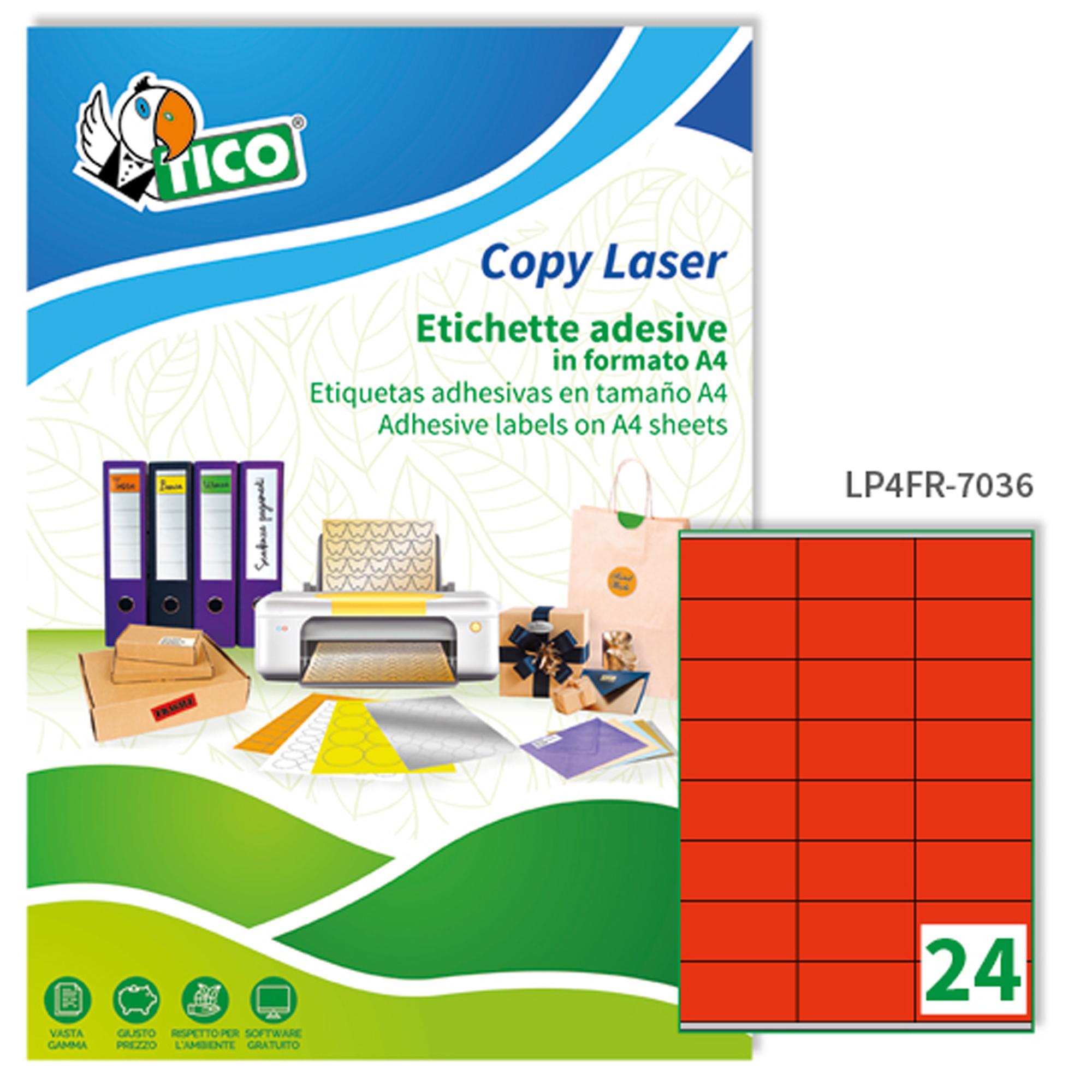 Tico Copy Laser Premium - Carta - autoadesivo permanente - rivestito in silicone - rosso - 70 x 36 mm - 147 g/m² - 1680 etichette (70 foglio(i) x 24) etichette fluorescenti
