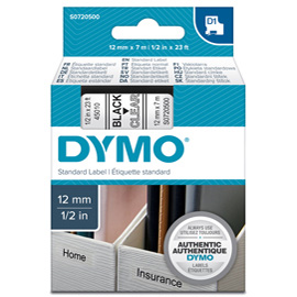 DYMO D1 - Poliestere - autoadesivo - nero trasparente - Rotolo (1,2 cm x 7 m) 1 cassetta(e) rotolo di etichette - per LabelMANAGER 100, 160, 210, 220, 260, 280, 300, 360, 420, Wireless PnP; LabelPOINT 250