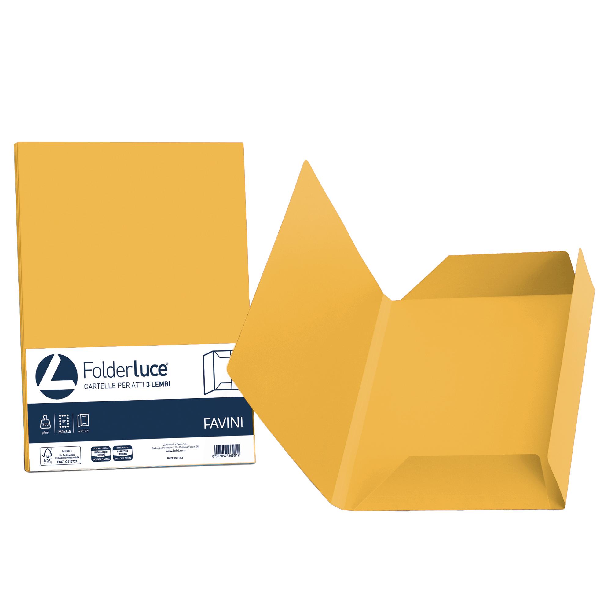 Cartellina 3 lembi Luce - 200 gr - A4 - cartoncino bristol - giallo oro - Favini - conf. 25 pezzi