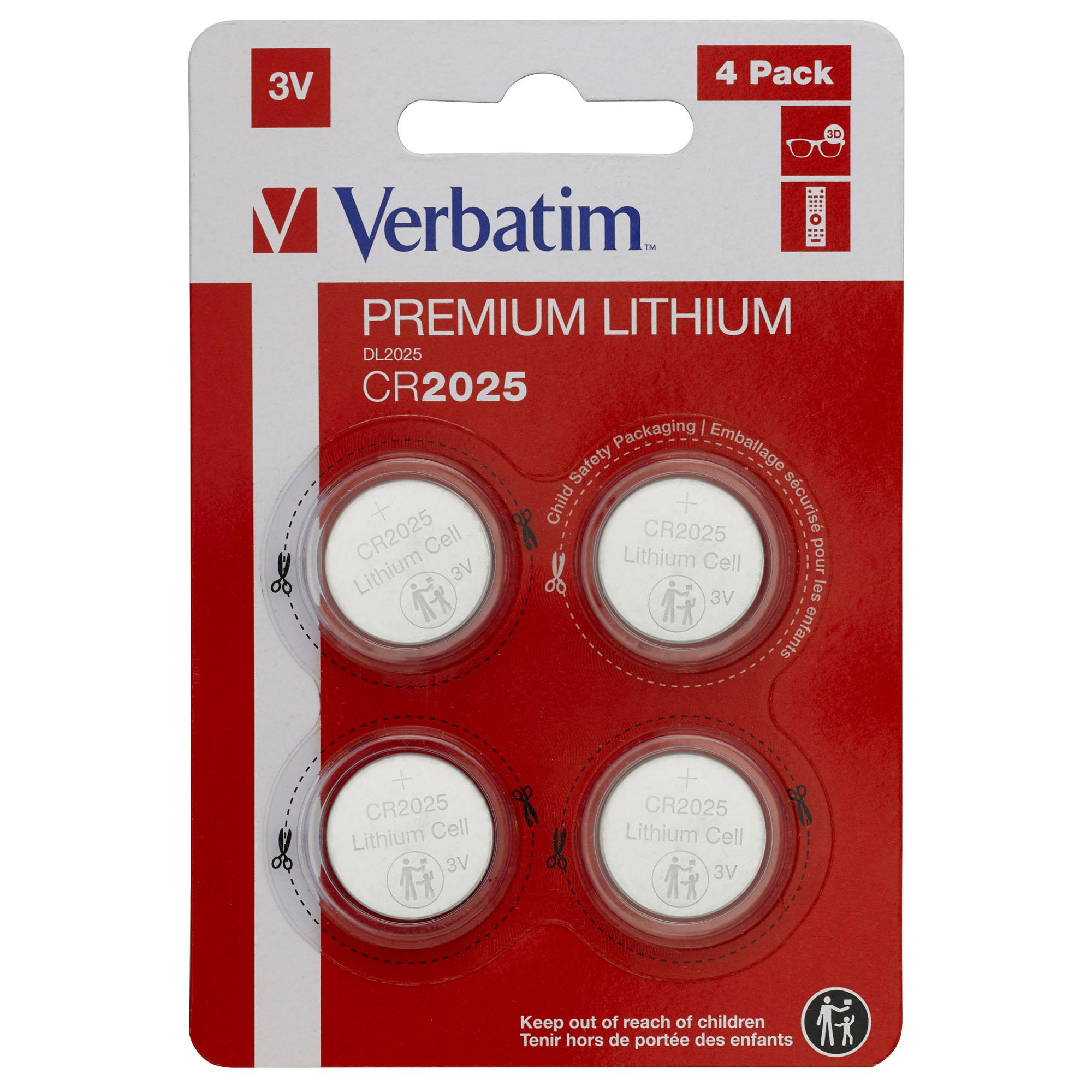 Micropile CR2025 - 3V - a pastiglia - litio - Verbatim - blister 4 pezzi