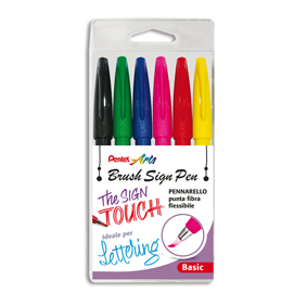 Pentel Arts Basic - Penna con punta a pennello - colori assortiti (pacchetto di 6)