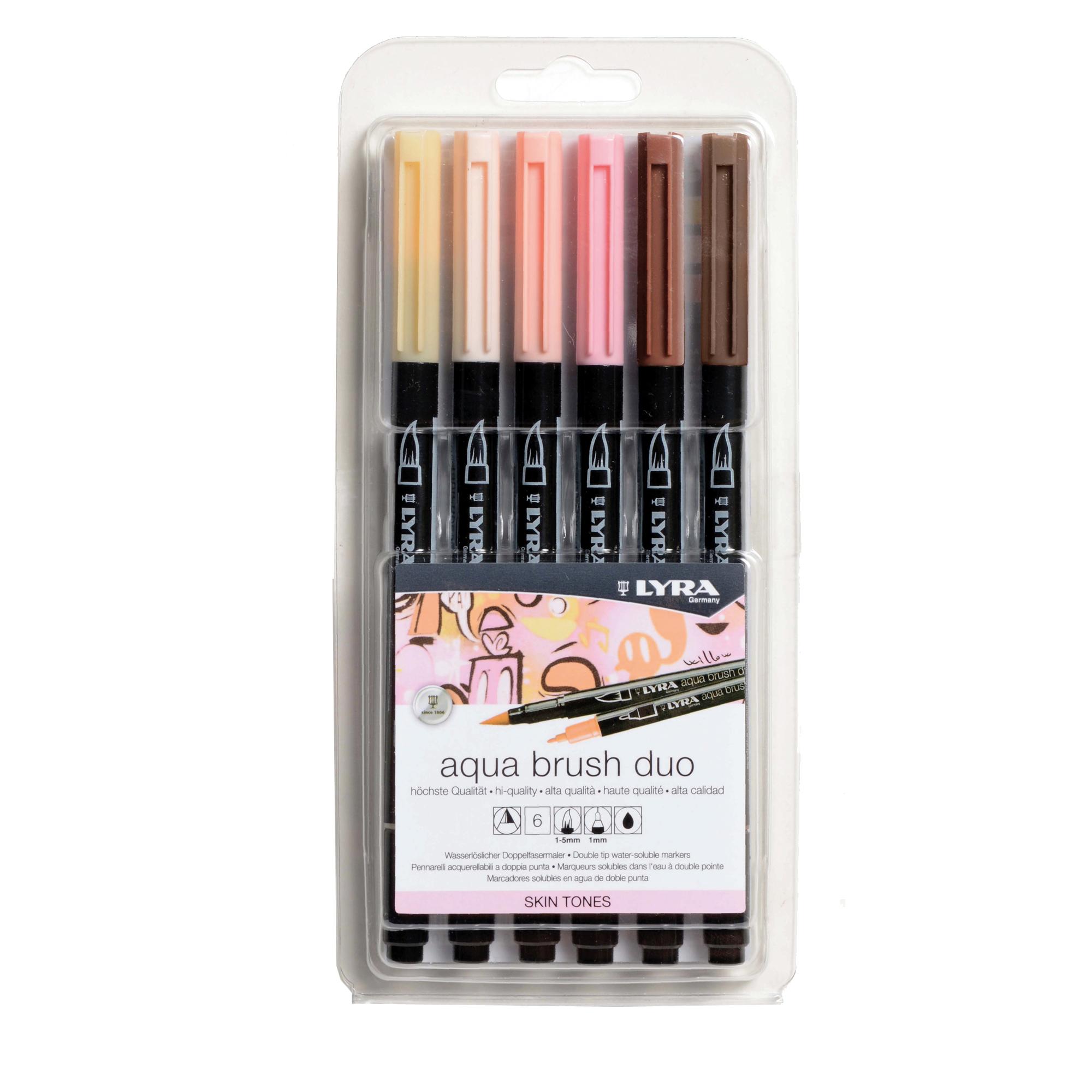 Lyra Aqua Brush Duo Skin Tones - Combinazione pennello e penna con punta in fibra - arancione chiaro, light flesh, bruno Van Dyck, carne medio, giallo napoli, mars red - inchiostro base acqua - 2 mm / 4 mm - fine / brush (pacchetto di 6)