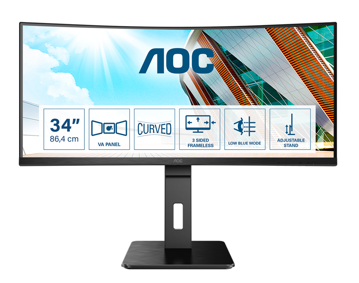 AOC Pro-line CU34P2A - P2 Series - monitor a LED - curvato - 34" - 3440 x 1440 UWQHD @ 100 Hz - VA - 300 cd/m² - 3000:1 - 1 ms - 2xHDMI, DisplayPort - altoparlanti - nero