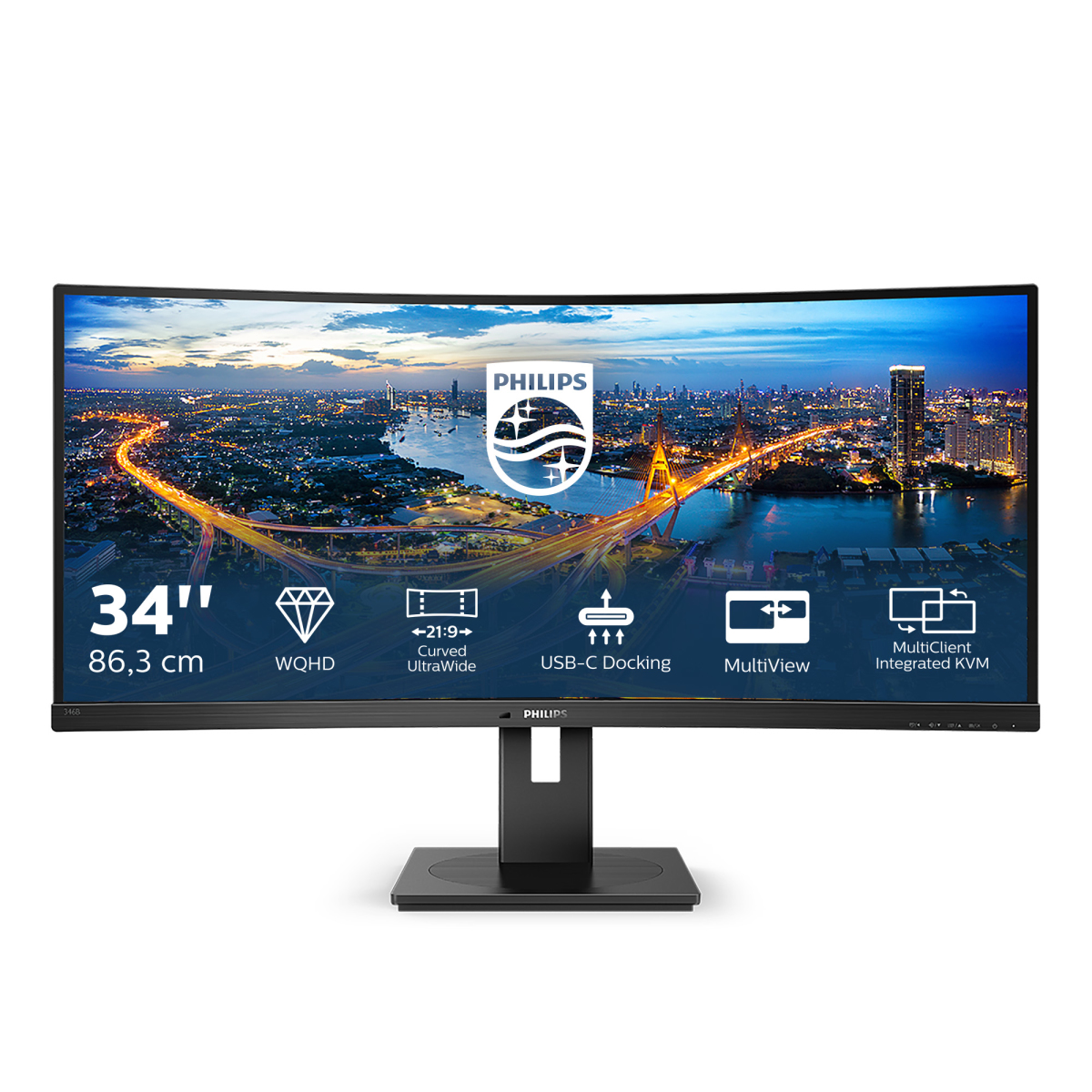 Philips B Line 346B1C - Monitor a LED - curvato - 34" - 3440 x 1440 UWQHD @ 100 Hz - VA - 300 cd/m² - 3000:1 - 5 ms - HDMI, DisplayPort, USB-C - altoparlanti - black texture