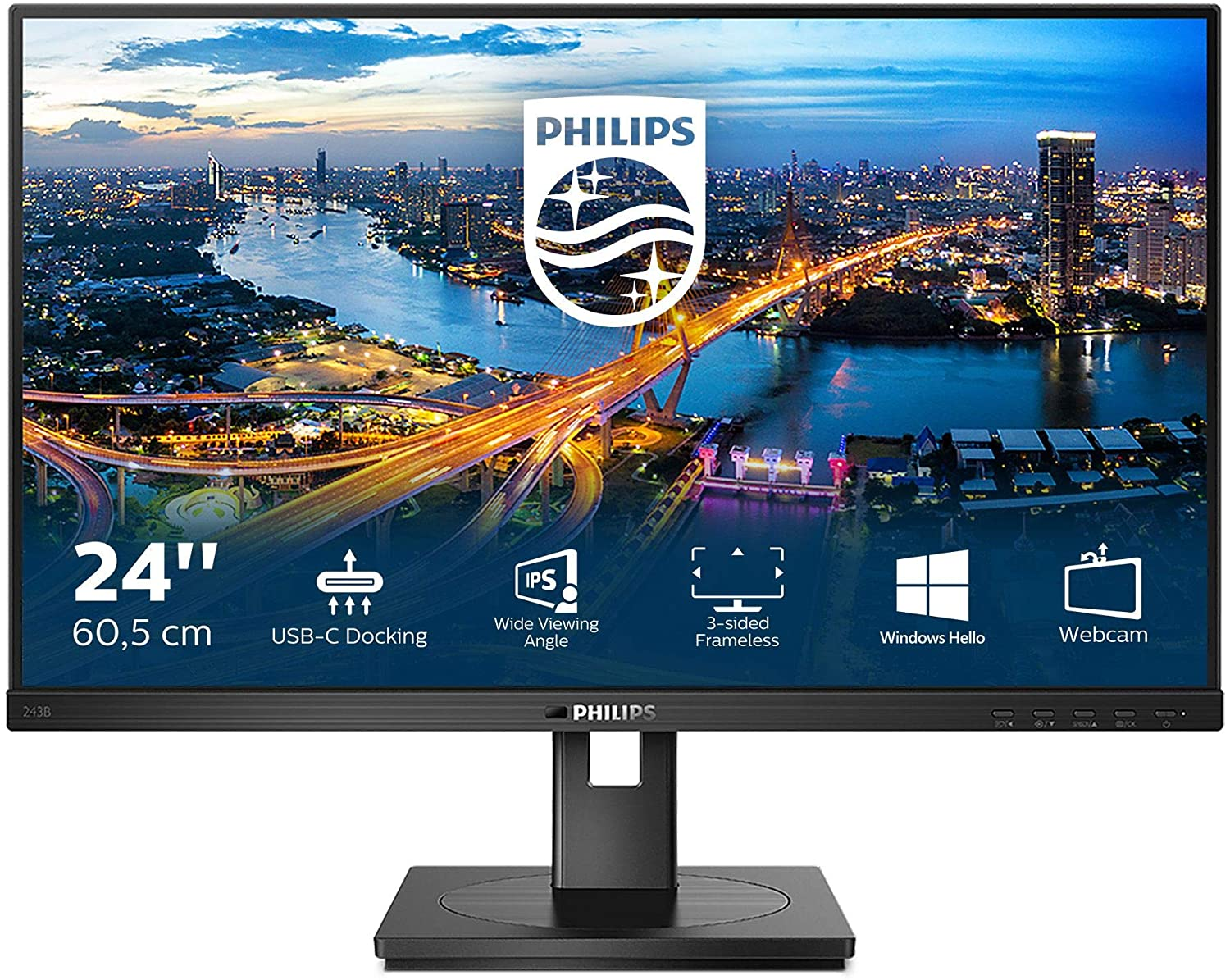 Philips B Line 243B1 - Monitor a LED - 24" (23.8" visualizzabile) - 1920 x 1080 Full HD (1080p) @ 75 Hz - IPS - 250 cd/m² - 1000:1 - 4 ms - HDMI, DisplayPort, USB-C - altoparlanti - black texture