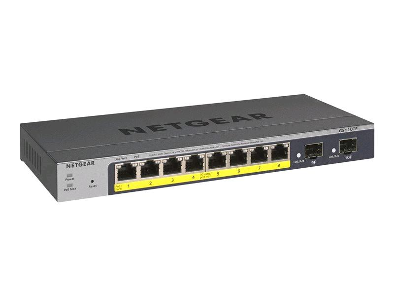 NETGEAR Smart GS110TPv3 - Switch - intelligente - 8 x 10/100/1000 (PoE) + 2 x SFP - desktop, montaggio a parete - PoE+ (55 W) - alimentazione CC