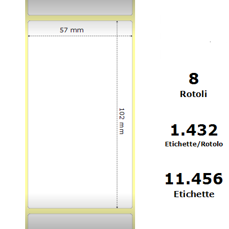 White 57x102mm, 1432 Et/Rotolo Z-2000D,2.2x4x3 Core, 8 Rolls
