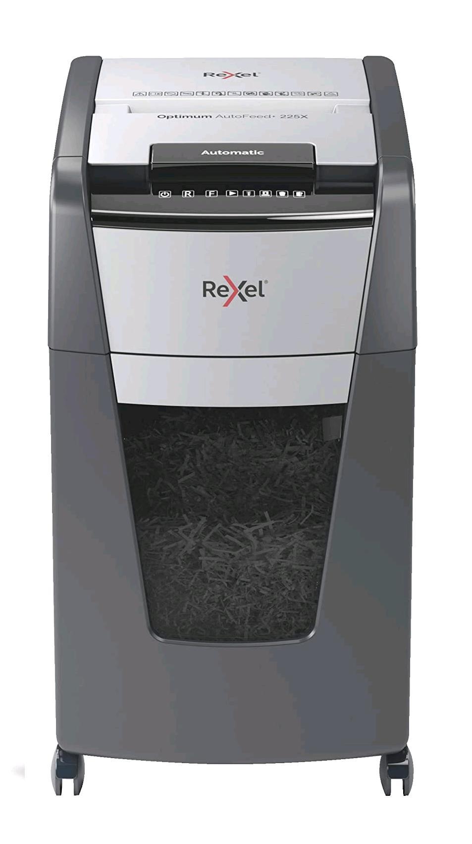 REXEL DISTRUGGIDOCUMENTI AUTOMATICO A FRAMMENTO 225 FOGLI CAPACITA' 60 LITRI CESTINO REMOVIBILE CON ROTELLE GRIGIO