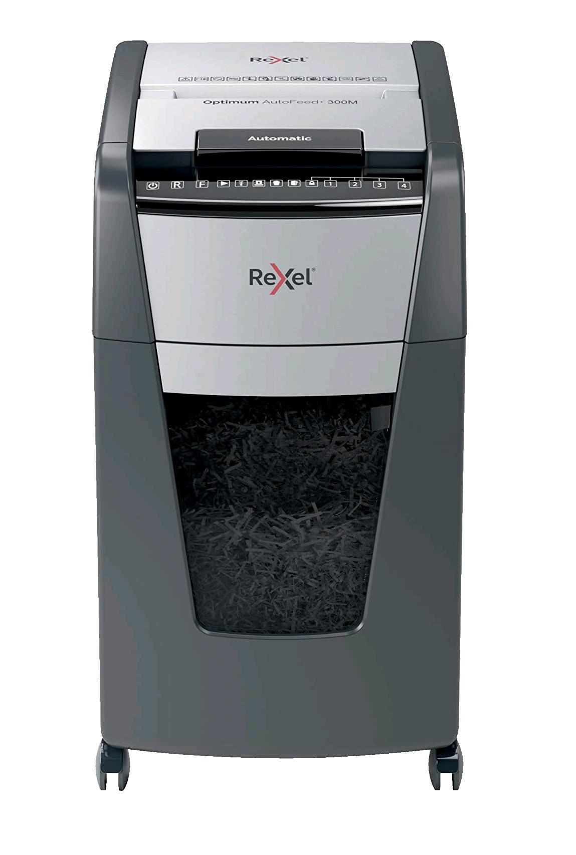 REXEL DISTRUGGIDOCUMENTI AUTOMATICO A MICROFRAMMENTO 300 FOGLI CAPACITA' 60 LITRI CESTINO REMOVIBILE CON ROTELLE GRIGIO